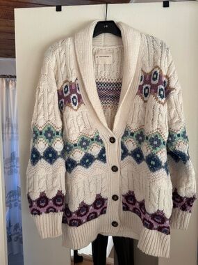 Lucky Brand Cream Shawl Collar Fair Isle Cable Knit Cardigan Sweater